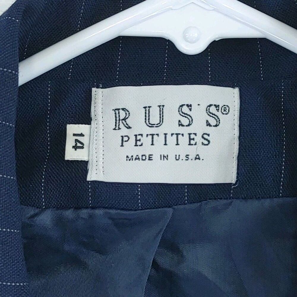 Vintage Russ Blue Pin Stripe Woman's Blazer Size 14 Petites Union Made In USA - Picture 5 of 10